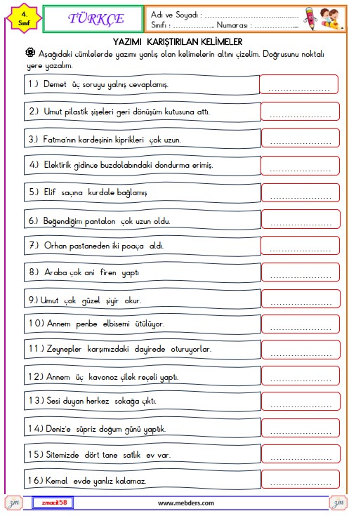 4. Sınıf Türkçe Yazımı Karıştırılan Kelimeler Etkinliği 1